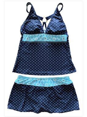 RARE Tommy Hilfiger Y2K Tankini w/Skirt Dark Blue Geometric Nautical sz 6 EUC